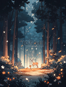 动物在森林插画图片_一只鹿在森林里漫步漫画3