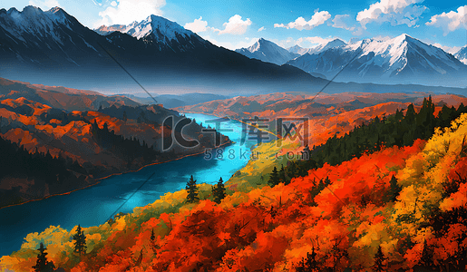 流向箭头插画图片_手绘油画风红叶满山河流流向森林深处