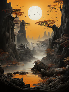 中国风山水黑色和海蓝色插图3