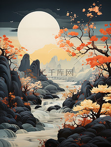 中国风山水黑色和海蓝色插图19