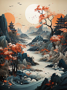中国风山水黑色和海蓝色插图17