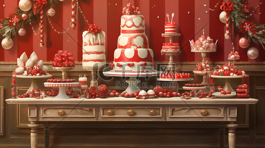 陶瓷工艺插画图片_圣诞节蛋糕甜品红白色装饰8