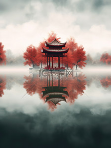 朦胧的湖水一座红色中国凉亭22