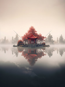 朦胧的湖水一座红色中国凉亭20