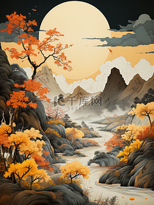 中国风山水黑色和海蓝色插图1