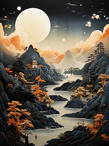 中国风山水黑色和海蓝色插图4