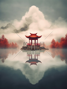 朦胧的湖水一座红色中国凉亭7