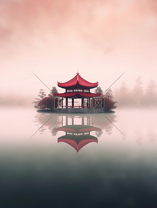 朦胧的湖水一座红色中国凉亭17