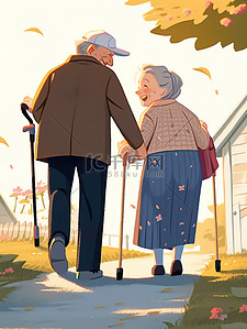 幸福场景插画图片_老人散步的幸福场景4