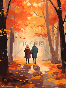 一对老年夫妇手牵着手在秋叶中漫步2