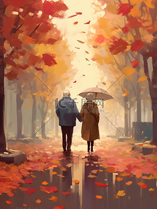 手8插画图片_一对老年夫妇手牵着手在秋叶中漫步8
