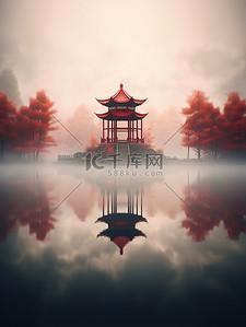 朦胧中插画图片_朦胧的湖水一座红色中国凉亭12