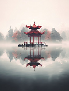 朦胧的湖水一座红色中国凉亭16