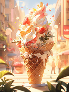 草莓雪糕插画图片_夏天巨大的冰淇淋6