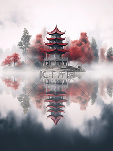 朦胧的湖水一座红色中国凉亭1