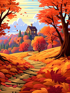 红色氛围插画图片_秋天的枫叶秋天氛围场景20