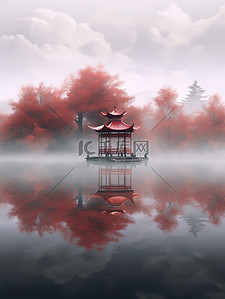 朦胧中插画图片_朦胧的湖水一座红色中国凉亭5