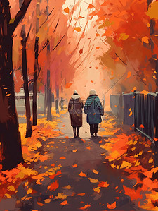 一对老年夫妇手牵着手在秋叶中漫步14