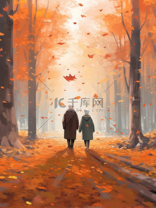 一对老年夫妇手牵着手在秋叶中漫步15
