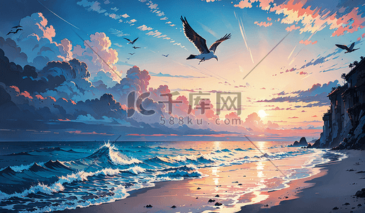 手绘海边风景插画图片_手绘海边夕阳海浪沙滩海鸥风景