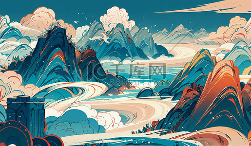 手绘中国风国潮山脉海洋光影