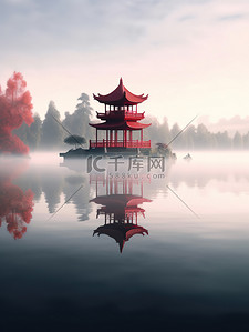 朦胧的湖水一座红色中国凉亭2