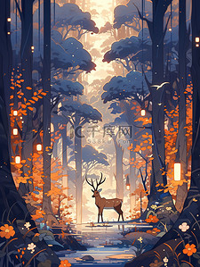 动物在森林插画图片_一只鹿在森林里漫步漫画12