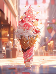 草莓雪糕插画图片_夏天巨大的冰淇淋7