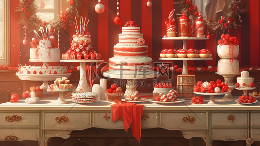 陶瓷美陈插画图片_圣诞节蛋糕甜品红白色装饰5
