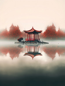 中国风朦胧插画图片_朦胧的湖水一座红色中国凉亭11