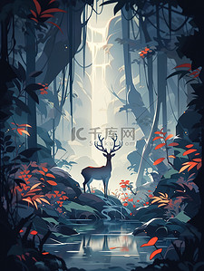 动物在森林插画图片_一只鹿在森林里漫步漫画13