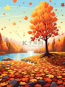 红色氛围插画图片_秋天的枫叶秋天氛围场景10