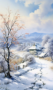 冬季银雪乡村手绘插画美景