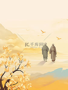 相互搀扶的老人重阳节节日插画8