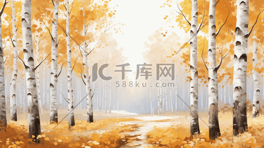 唯美秋季金黄色白桦林风景插画26