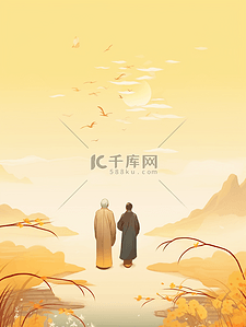 相互搀扶的老人重阳节节日插画10