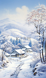 冬季银雪乡村唯美手绘插画美景