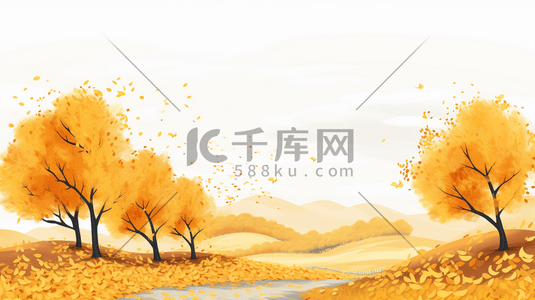 唯美秋季金黄色树叶风景插画21