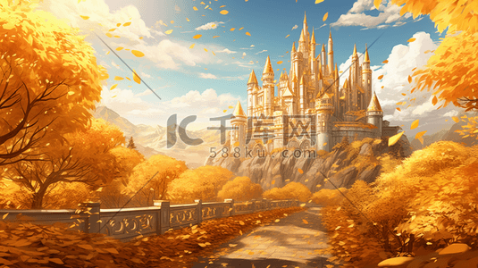 金黄色树叶插画图片_唯美梦幻金黄色森林中的城堡插画1