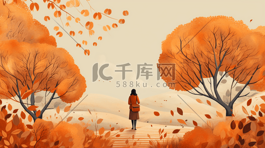 唯美秋季金黄色树叶风景插画1