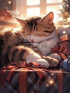 圣诞礼物盒插画图片_窗户旁抱着圣诞礼物的猫1