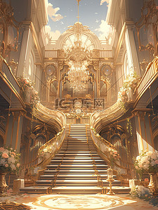 建筑楼梯插画图片_宏伟壮观建筑金色宫殿楼梯12