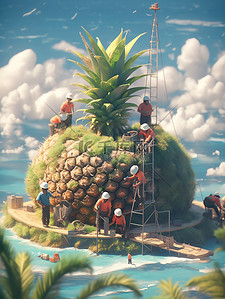 甩卖处理插画图片_微距小人在处理巨型菠萝12