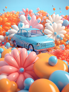 越野玩具车插画图片_卡通汽车被气球花朵包围3D15