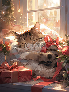 圣诞礼物盒插画图片_窗户旁抱着圣诞礼物的猫11