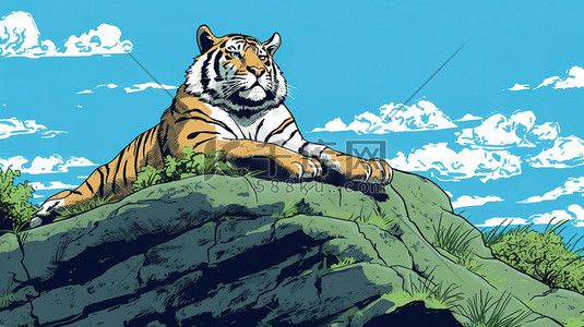 休息动物插画图片_在岩石上休息的老虎18