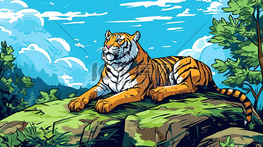 休息动物插画图片_在岩石上休息的老虎4