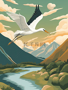 绿色群山插画图片_白鹭飞越群山天空中飞翔4