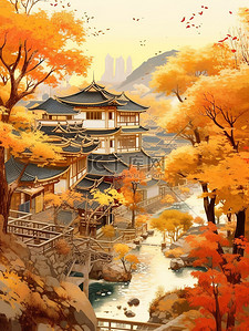 中式建筑海报插画图片_中国风中式建筑树木草地日出插画17