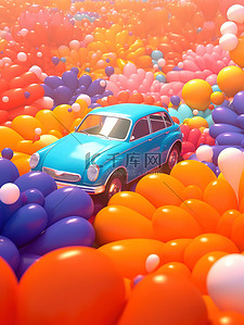 卡通汽车被气球花朵包围3D13